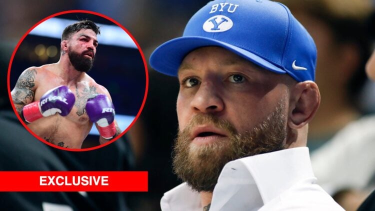 Main photo shows Conor McGregor at a BYU game wearing a blue hat. Bubble photo shows Mike Perry boxing. Overlay text reads: EXCLUSIVE