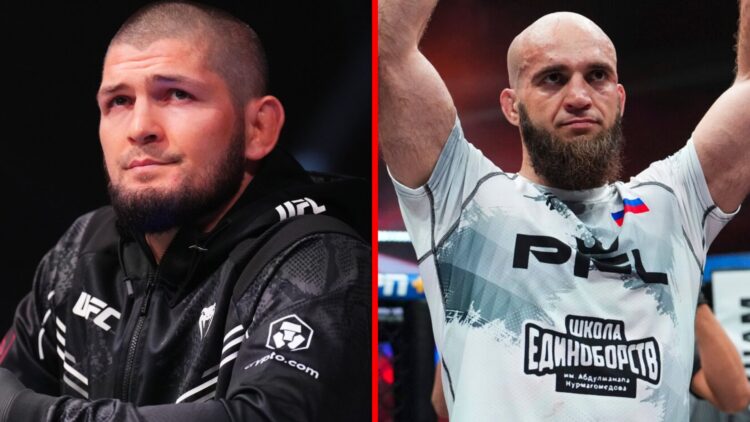 Khabib Nurmagomedov on corner duty at UFC Abu Dhabi, Movlid Khaybulaev celebrating his win at PFL 5.