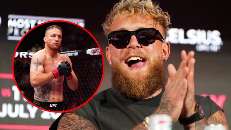 Main: Jake Paul rubs his hands together during a press conference for his fight against Mike Tyson. Inset: Justin Gaethje enters the cage for his U...