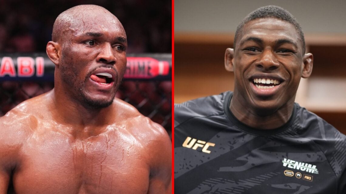 Left: Kamaru Usman in the cage for his fight against Khamzat Chimaev at UFC 294. Right: Joaquin Buckley backstage before his fight against Nursulto...
