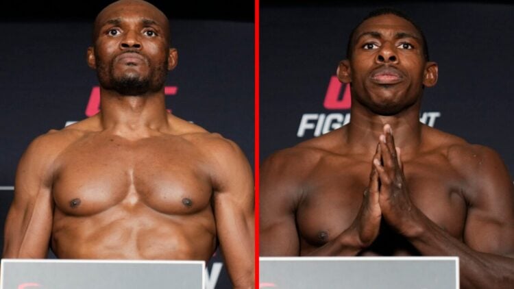 Split image of Kamaru Usman and Joaquin Buckley making weight ahead of their UFC Atlanta main event