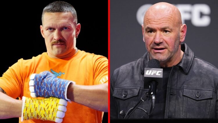 Oleksandr Usyk during an open workout and Dana White speaking at the 2024 UFC Season Press Conference