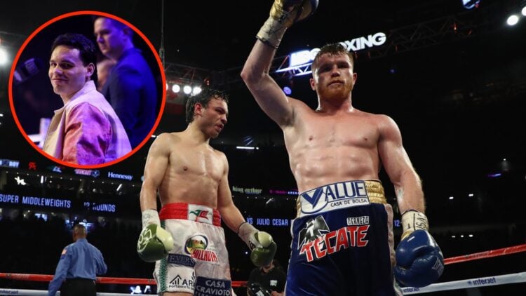 Canelo Alvarez raises his hand in victory following fight against Julio Cesar Chavez Jr with an inset of Julio Cesar Chavez Jr smiling at press con...