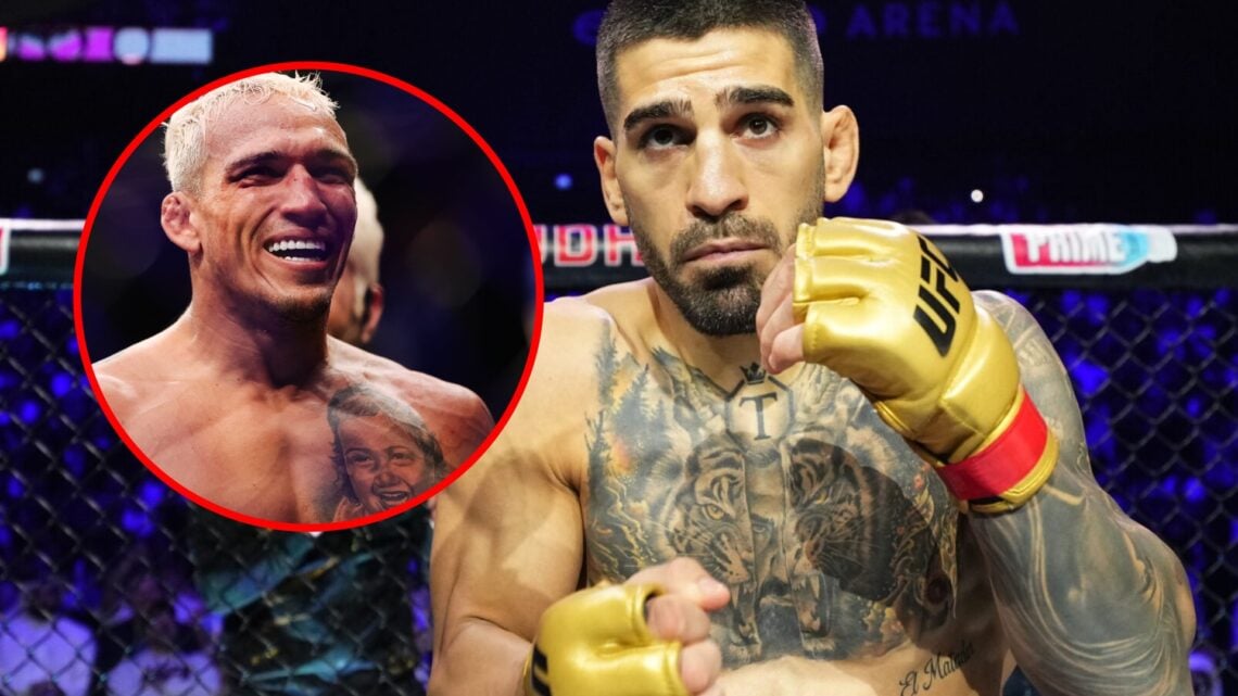 Main: Ilia Topuria inside the cage for his title defense against Max Holloway at UFC 308. Inset: Charles Oliveira smiling during Dustin Poirier fig...