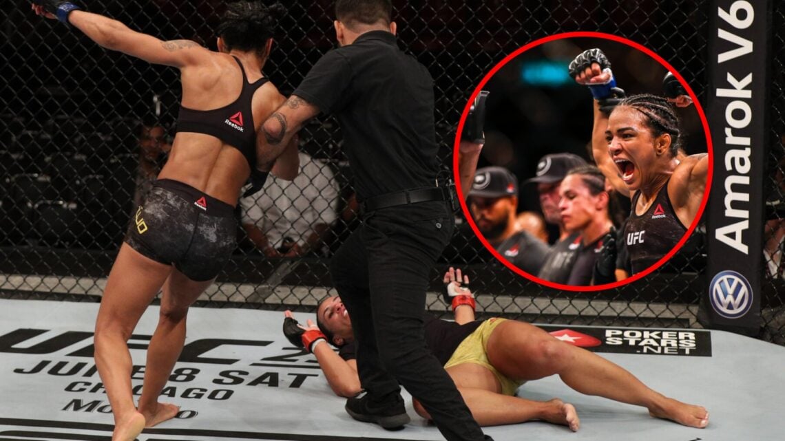 Main: Viviane Araujo knocks Talita Bernardo out with a right hand at UFC 317. Inset: Viviane Araujo celebrates after knocking Talita Bernardo out a...