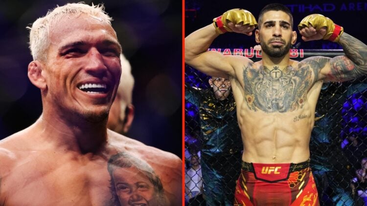 Charles Oliveira smiling after defeating Dustin Poirier at UFC 269 and Ilia Topuria inside the cage ahead of his title fight against Max Holloway a...
