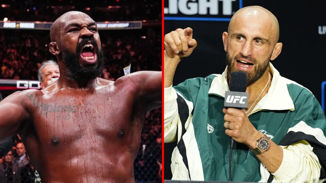 Left: Jon Jones celebrating his title defense over Stipe Miocic at UFC 309. Right: Alexander Volkanovski speaks on stage during the UFC 314 press c...