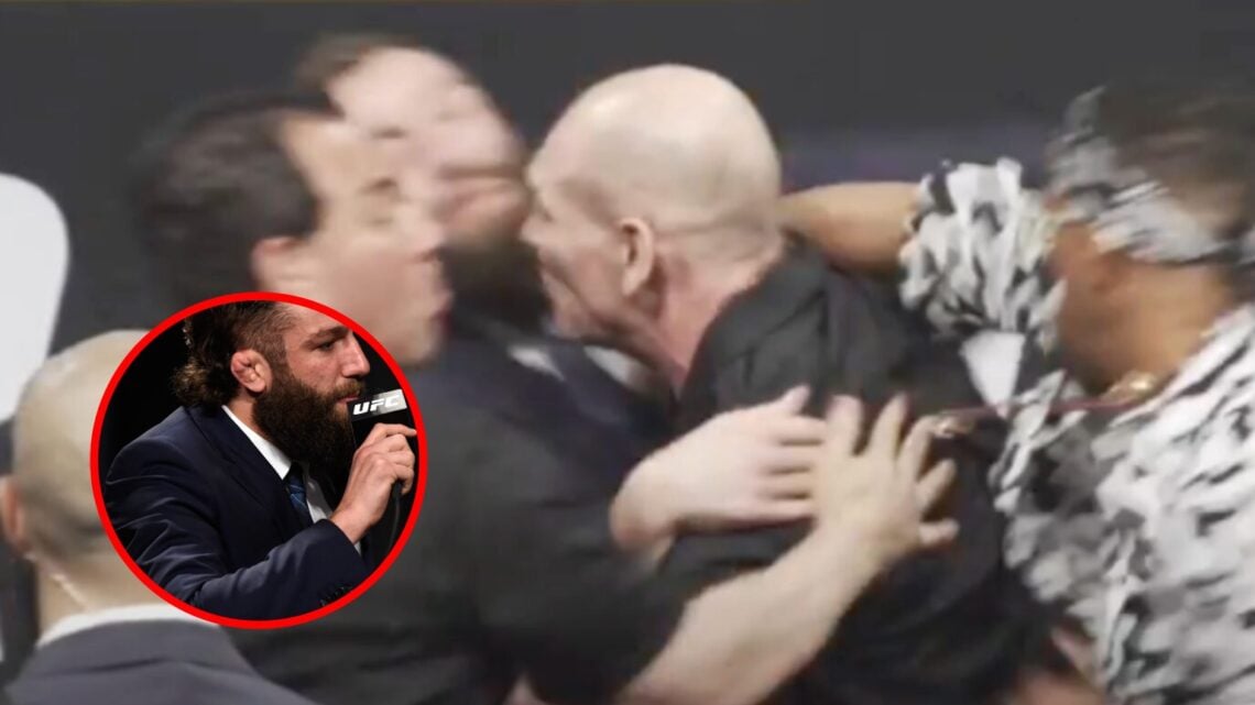 Main: Michael Chiesa and Kevin Lee have a physical altercation during a UFC summer press conference. Inset: Michael Chiesa reacts to Kevin Lee's tr...