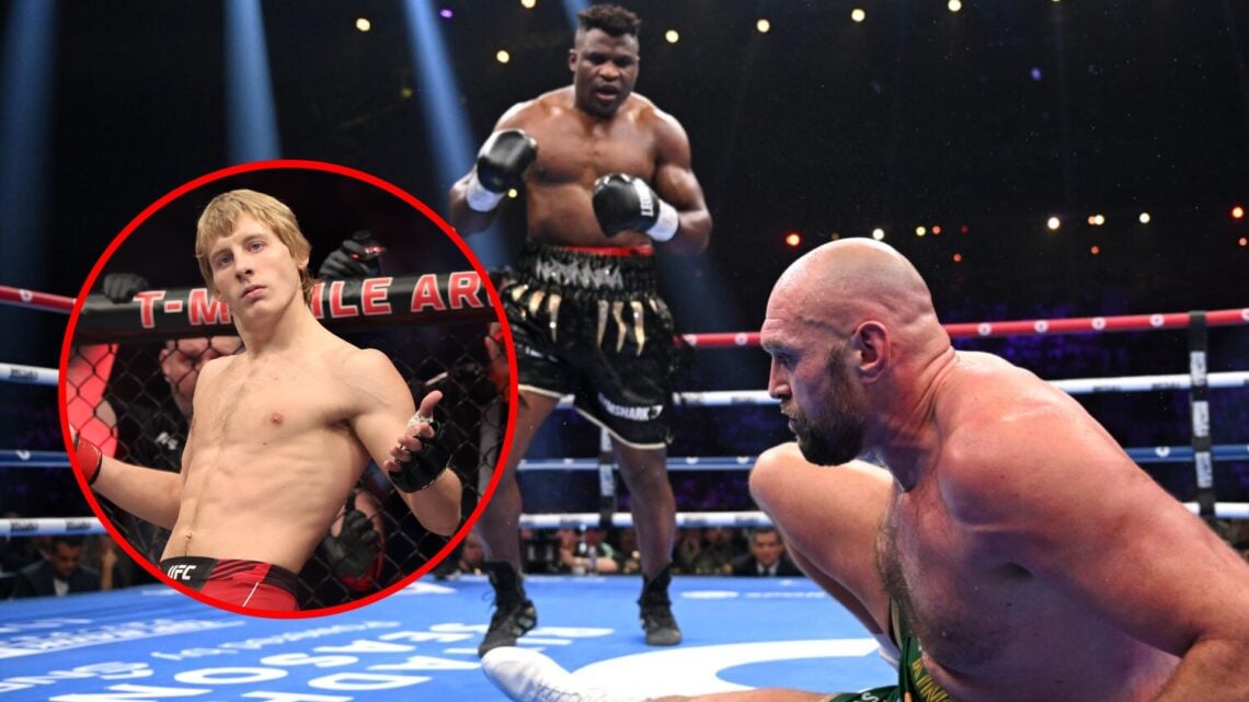 Main: Francis Ngannou knocks down Tyson Fury during their 2023 fight in Riyadh, Saudi Arabia. Inset: Paddy Pimblett inside the cage for his fight a...