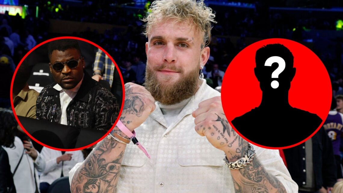 Main: Jake Paul poses while attending a Los Angeles Lakers basketball game. Left Inset: Francis Ngannou in attendance for the Oleksandr Usyk vs. Ty...
