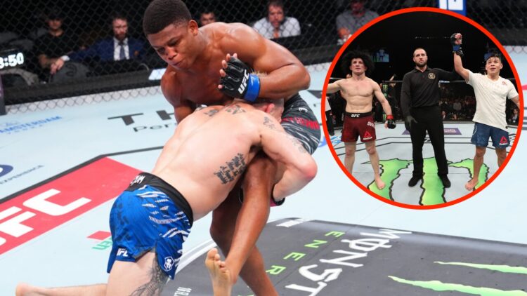 Ricky Simon takes down Cameron Smotherman at UFC Atlanta, inset Ricky Simon celebrating his win over Merab Dvalishvili.