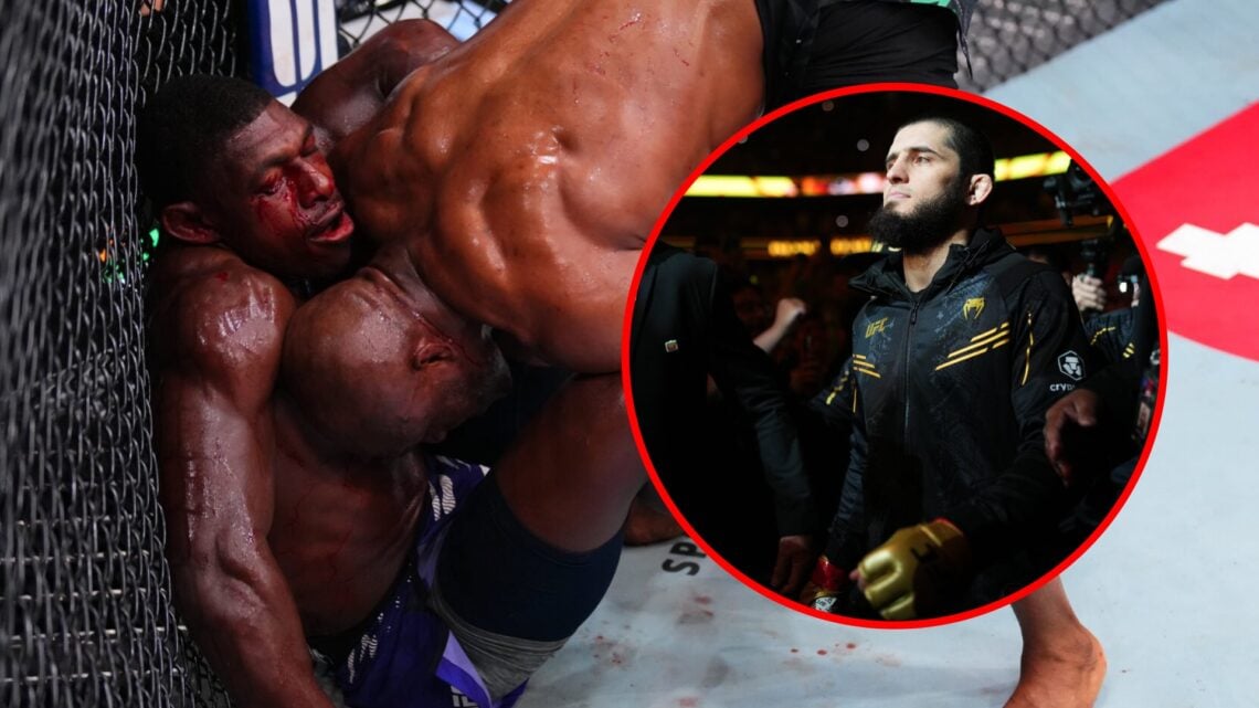 Main: Kamaru Usman controls Joaquin Buckley against the cage during their UFC Atlanta main event. Inset: Islam Makhachev walks to the cage for his ...