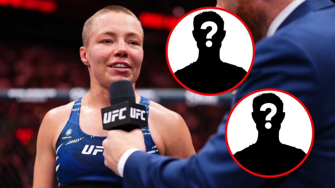 Main: Rose Namajunas is interviewed inside the cage after her victory over Miranda Maverick at UFC Atlanta. Insets: Mystery fighters