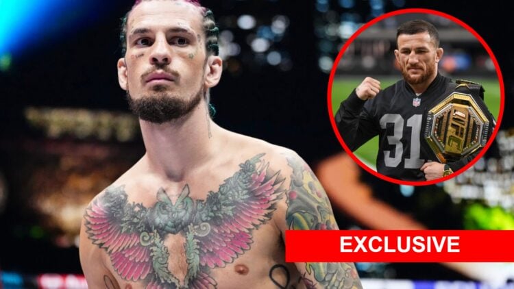 Sean O'Malley prepares to face Merab Dvalishvili at UFC 306 with an inset of Dvalishvili posing at the NFL game between the Los Angeles Chargers an...