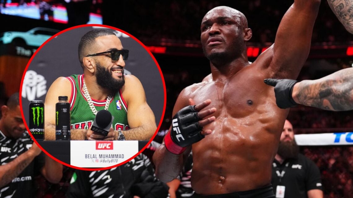 Main: Kamaru Usman celebrates his victory over Joaquin Buckley at UFC Atlanta. Inset: Belal Muhammad on stage at the UFC 304 press conference.