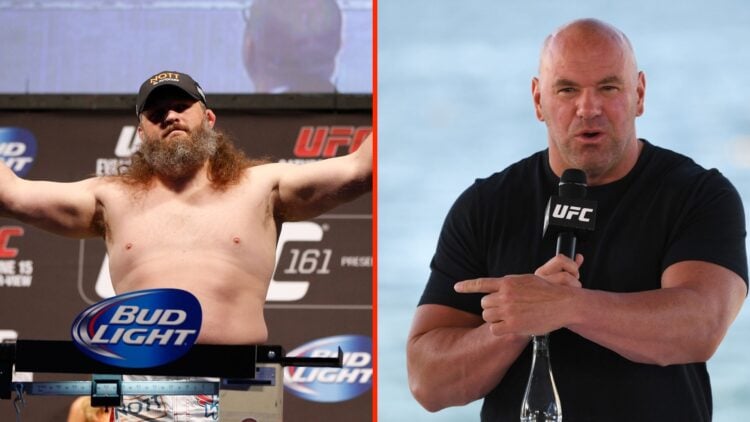 Roy Nelson at the UFC 161 weigh-ins split with Dana White talking to the media at the UFC 254 press conference