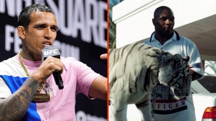 Charles Oliveira answers questions at the UFC 312 ceremonial weigh-ins split with Mike Tyson posing with his tiger at his home