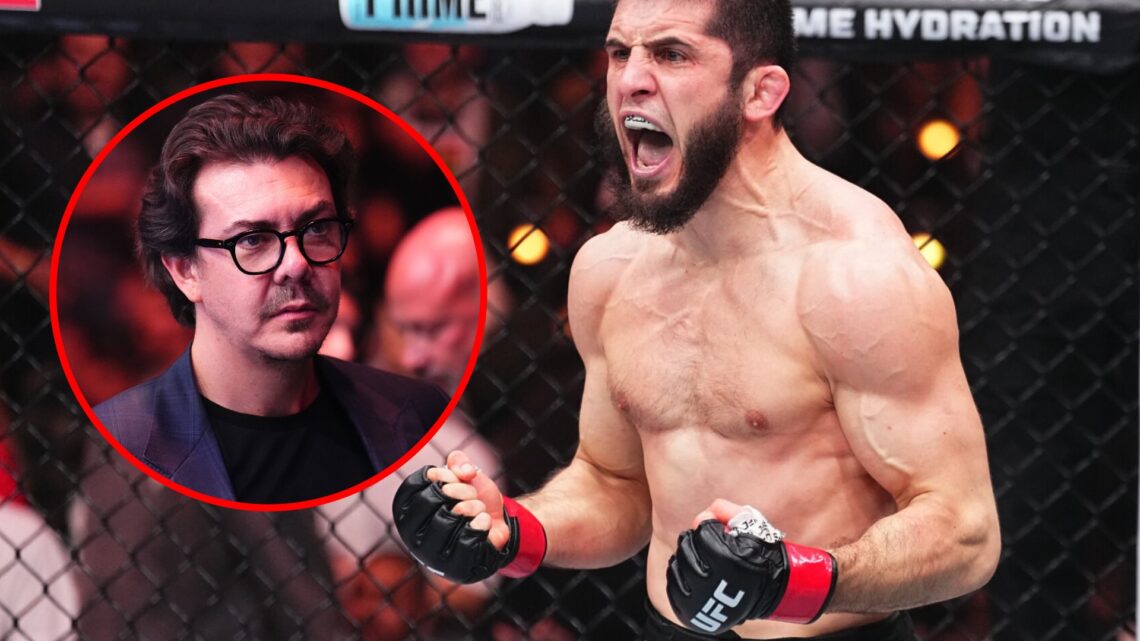Main: Islam Makhachev celebrates after submitting Renato Moicano in their title fight at UFC 311. Inset: UFC executive Hunter Campbell in attendanc...