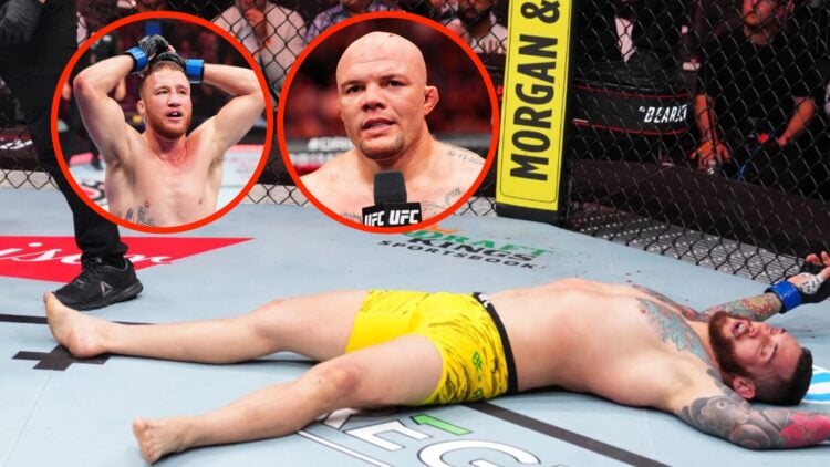 Rodolfo Bellato lays on the ground after taking an illegal kick at UFC Atlanta, inset close-up shots of Justin Gaethje and Anthony Smith.