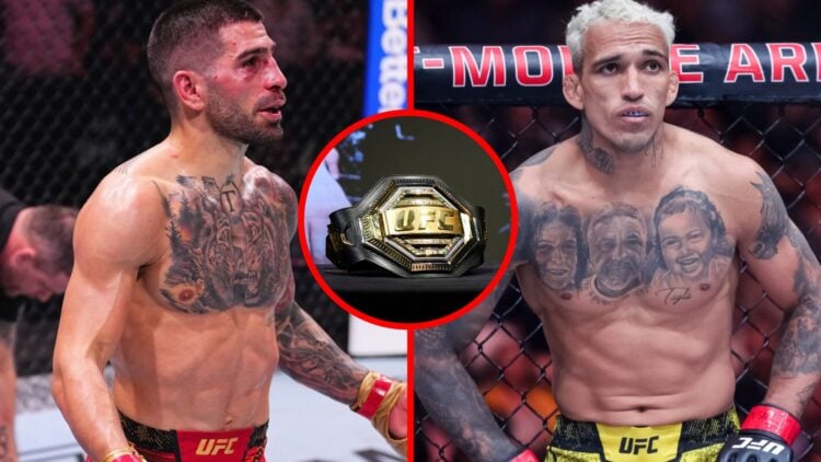 Ilia Topuria celebrates his UFC 308, Charles Oliveira prepares to fight at UFC 300, inset of detailed view of UFC belt.
