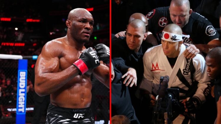 Split image of Kamaru Usman at UFC Atlanta and UFC's Georges St-Pierre in 2012