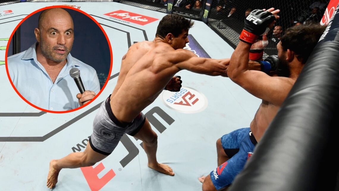 Paulo Costa unleashes right hand on Johny Hendricks during UFC 217 fight with an inset of Joe Rogan performing at the Ice House Comedy Club