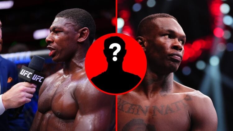 Split image of Joaquin Buckley at UFC Atlanta and Israel Adesanya at UFC Riyadh with mystery inset