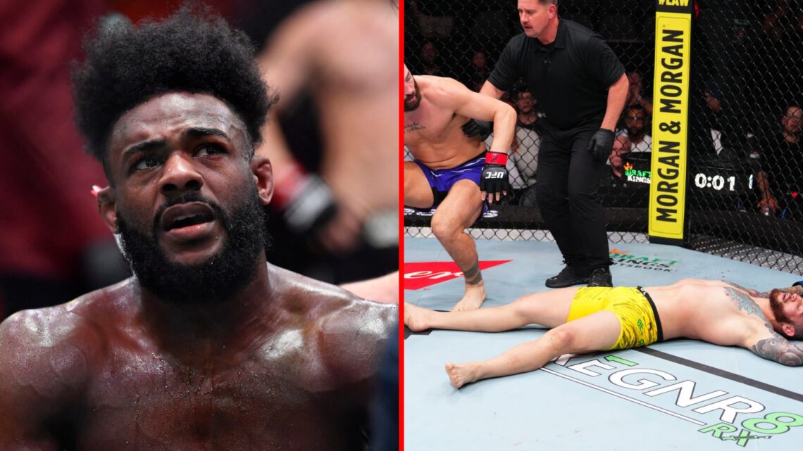 Split image of Aljamain Sterling at UFC 259 and Rodolfo Bellato on the canvas at UFC Atlanta