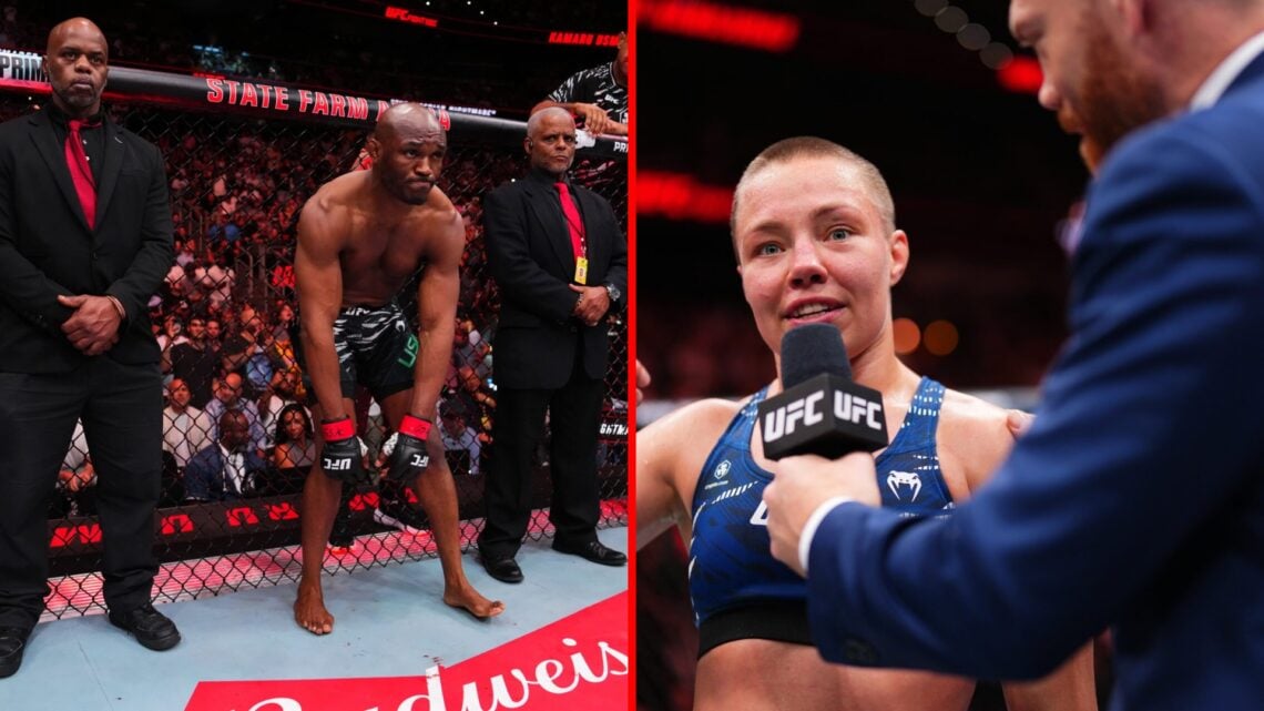 Split image of Kamaru Usman and Rose Namajunas in the Octagon at UFC Atlanta