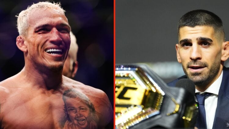 Ilia Topuria on stage at the UFC 308 press conference in Abu Dhabi ahead of his title defense against Max Holloway and Charles Oliveira smiling aft...
