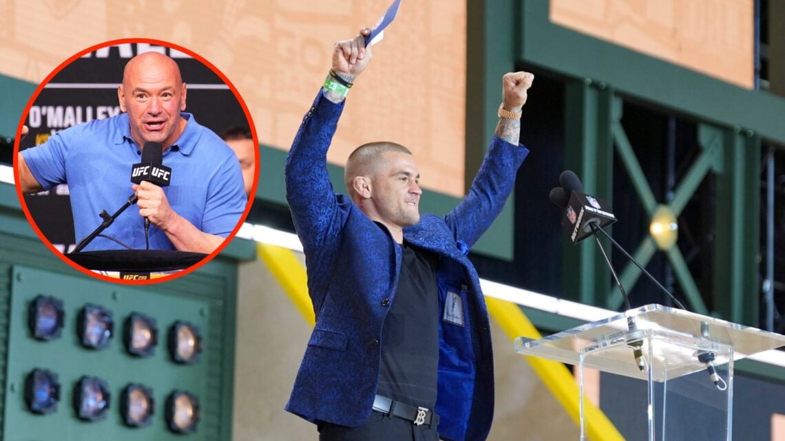 Dana White talks to the fans at UFC 299 press conference with Dustin Poirier announcing a pick at the 2025 NFL Draft