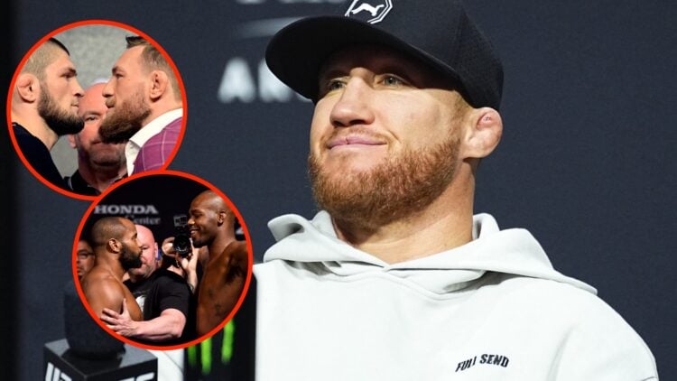 Justin Gaethje at the UFC 313 press conference with insets of Khabib Nurmagomedov and Conor McGregor facing off at the UFC 229 press conference and...