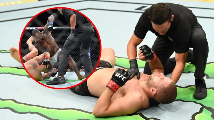 Main: Gokhan Saki lays on the canvas after being knocked out by Khalil Rountree Jr. at UFC 226. Inset: Khalil Rountree Jr. punches Gokhan Saki afte...