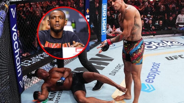 Main: Alex Pereira celebrates after knocking Jamahal Hill out at UFC 300. Inset: Jamahal Hill on stage at the UFC 300 press conference.