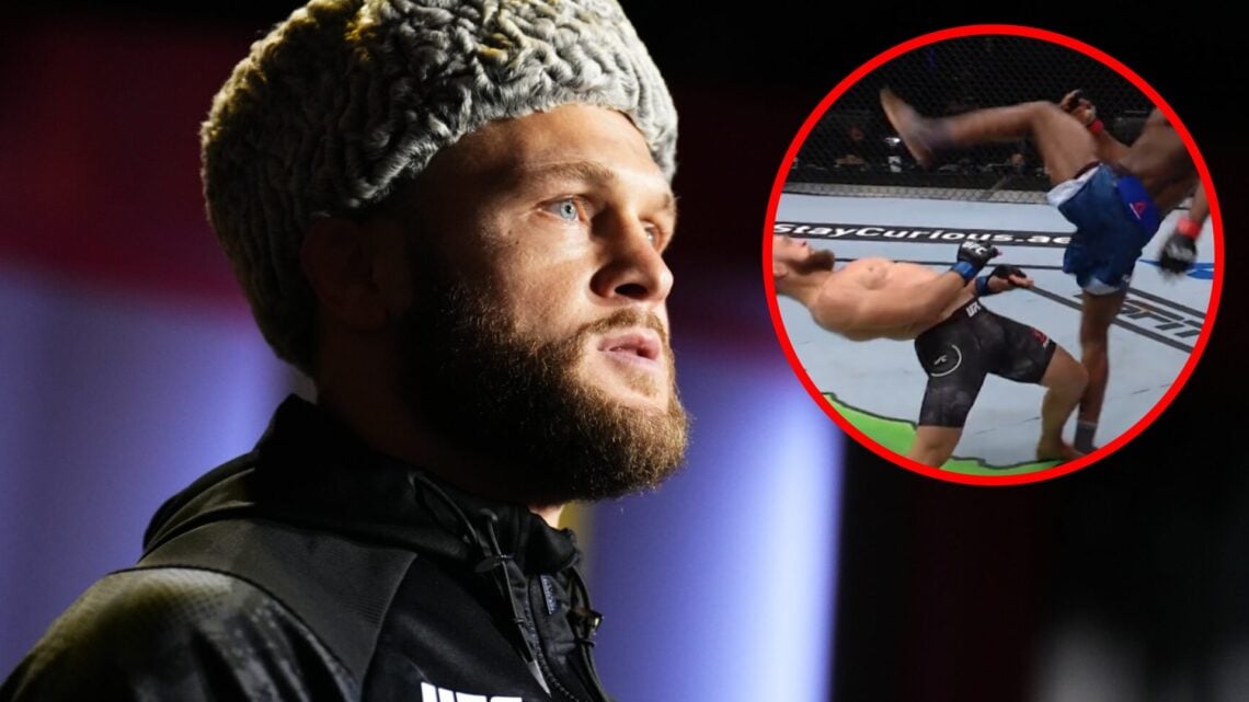 Rafael Fiziev makes the walk to face Mateusz Gamrot at the UFC Apex, inset Fiziev ducks Mark Diakiese's kick at UFC Fight Island 2