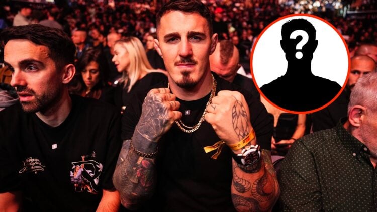 Tom Aspinall watches on at UFC 309 with an inset of a mystery fighter