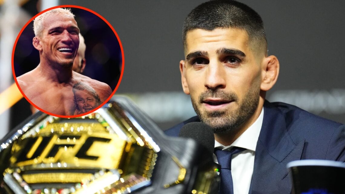 Ilia Topuria on stage during the UFC 308 press conference with an inset of Charles Oliveira smiling during his UFC 269 fight against Dustin Poirier