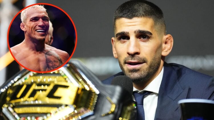 Ilia Topuria on stage during the UFC 308 press conference with an inset of Charles Oliveira smiling during his UFC 269 fight against Dustin Poirier
