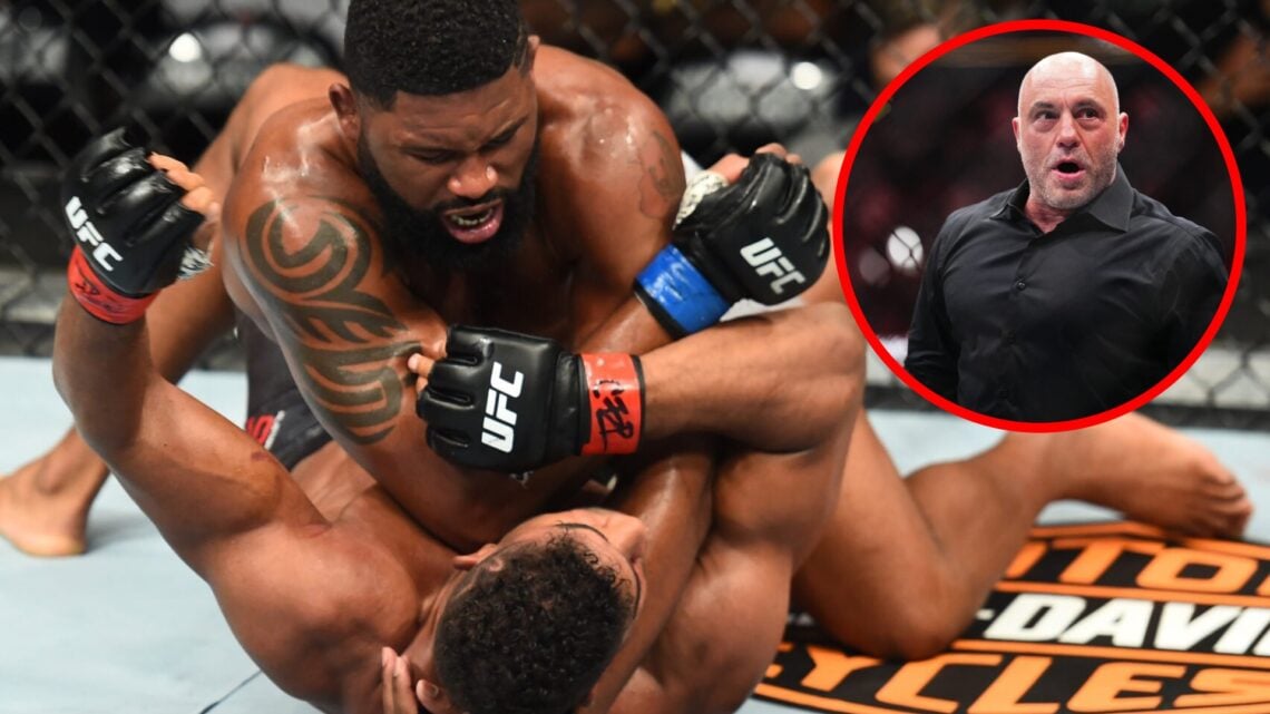Curtis Blaydes elbows Alistair Overeem at UFC 225, inset Joe Rogan reacts to Max Holloway's knockout of Justin Gaethje at UFC 300