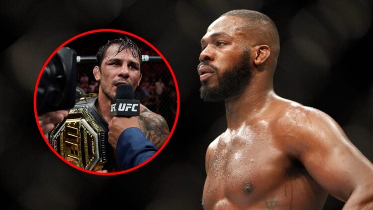 Main: Jon Jones pictured during his fight with Daniel Cormier at UFC 182. Inset: Alexandre Pantoja celebrates his title win over Steve Erceg at UFC...