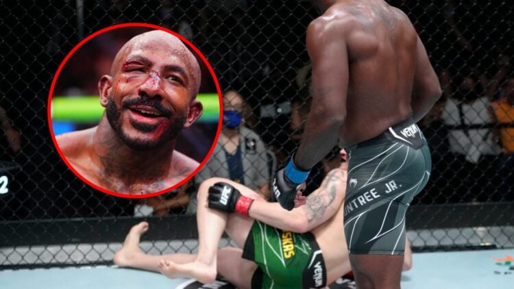 Main: Khalil Rountree Jr. injures Modestas Bukauskas with an oblique kick at UFC Vegas 36. Inset: Khalil Rountree Jr. after his title fight loss to...