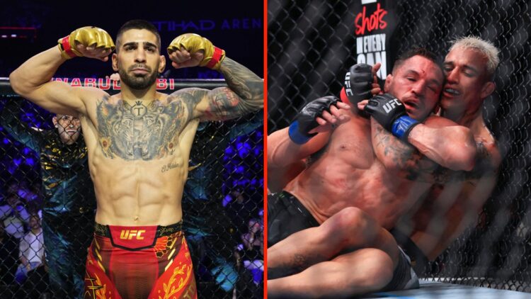 Ilia Topuria inside the cage ahead of his title fight against Max Holloway at UFC 308 and Charles Oliveira chokes out Michael Chandler during their...