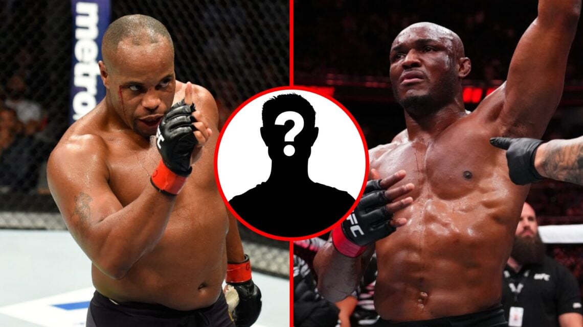 Left: Daniel Cormier taunts Jon Jones during their title fight at UFC 214. Right: Kamaru Usman celebrates after beating Joaquin Buckley at UFC Atla...