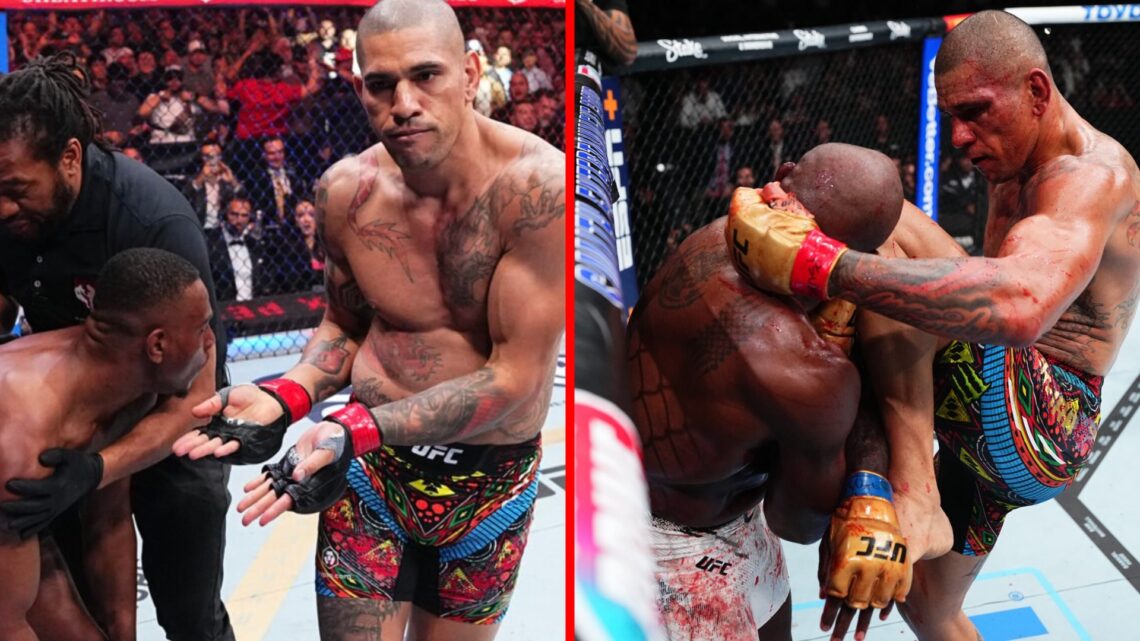 Split image of Alex Pereira reacting to knocking out Jamahal Hill at UFC 300 and Alex Pereira kneeing Khalil Rountree Jr at UFC 307