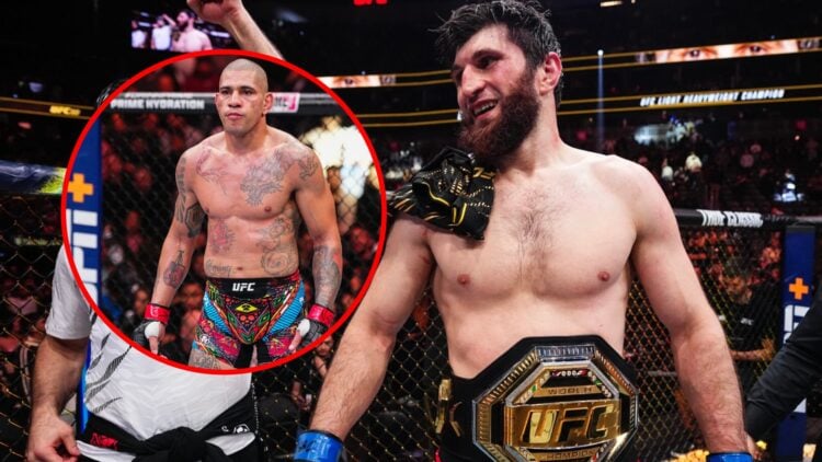 Main: Magomed Ankalaev celebrates his title win over Alex Pereira at UFC 313. Inset: Alex Pereira prepares for his fight with Magomed Ankalaev at U...