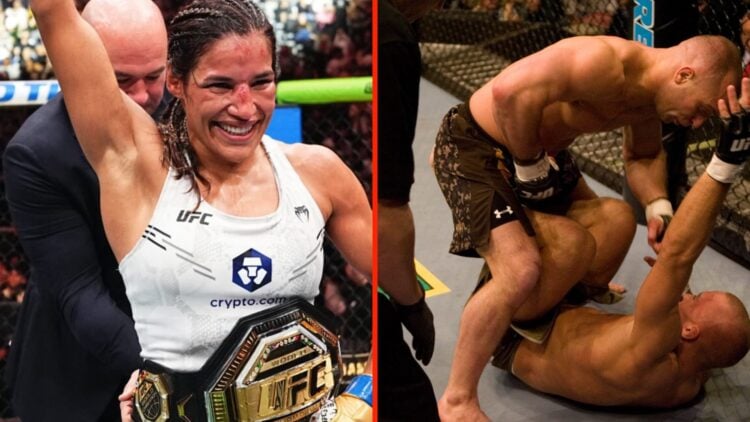 Julianna Pena celebrates her victory over Raquel Pennington and Matt Serra mounts George St-Pierre during his upset UFC Middleweight title victory