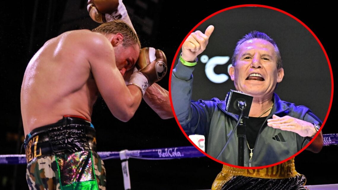 Anderson Silva punches Julio Cesar Chavez Jr during their 2021 fight, inset Julio Cesar Chavez Sr speaks during the Jake Paul vs Julio Cesar Chavez...