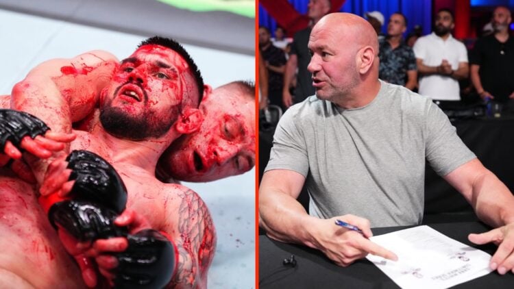 Jeff Creighton controls Andreeas Binder on the ground both covered in blood split with Dana White reacting to a Dana White's Contender Series fight