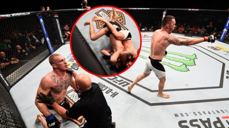 Main: Colby Covington celebrates after submitting Jonathan Meunier at UFC Ottawa. Inset: Colby Covington chokes Jonathan Meunier during their fight...