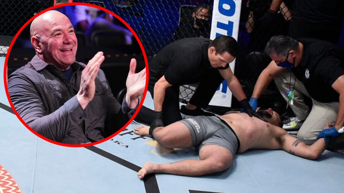 Edson Gomez lies on the ground after being knocked out by Ignacio Bahamondes, inset Dana White reacs to a Contender Series fight.